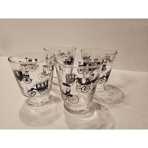 Vintage 4 Libbey Rock Glasses Curio Carriage Buggy Coach Car Cocktail Bar 1950's